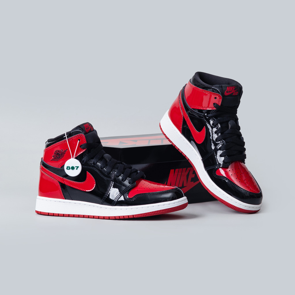 Air Jordan 1 High Patent Bred Black Red GS Women