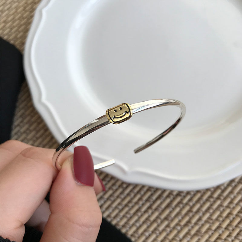 Gelang Perak Wajah Tersenyum Vintage untuk Wanita, Gelang Senyum Sederhana Gaya Korea Perak Murni