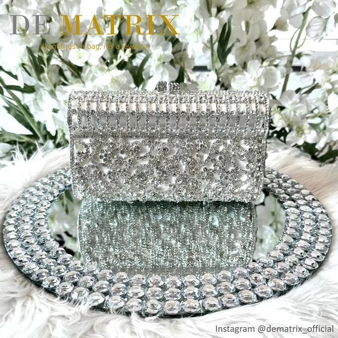Tas Pesta Wanita Party Clutch Swarovski Crystal Kristal White Silver Putih Perak Premium Rhinestone 