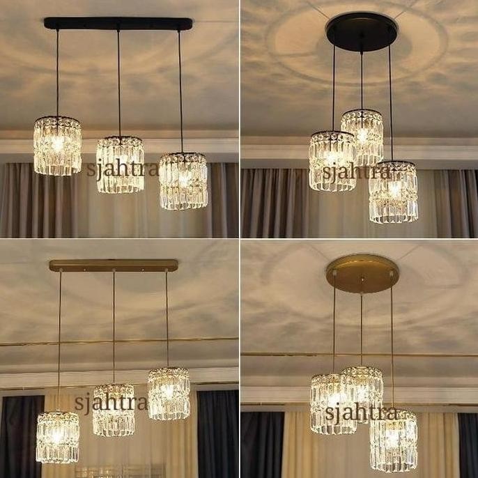lampu hias gantung kristal akrilik cabang 3 bulat dan panjang Putih