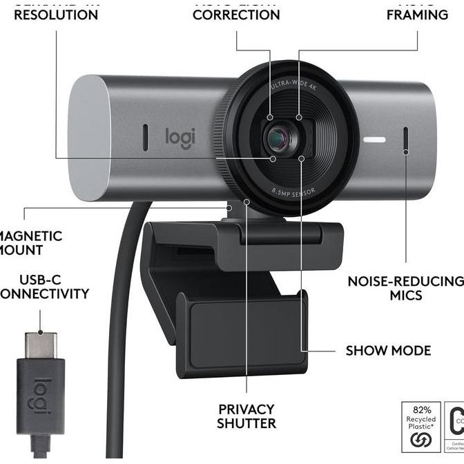Logitech Mx Brio 4K Ultra Hd Streaming Webcam 60Fps Usb C Noise Cancelling Co