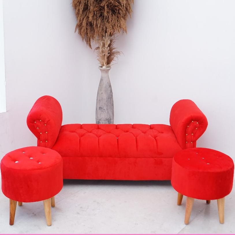 Terlaris Sofa Chaise Lounge Minimalis Merah 2 Stool Bulat Kaki Kayu Bench Nyaman & Estetik Sofa Ruan