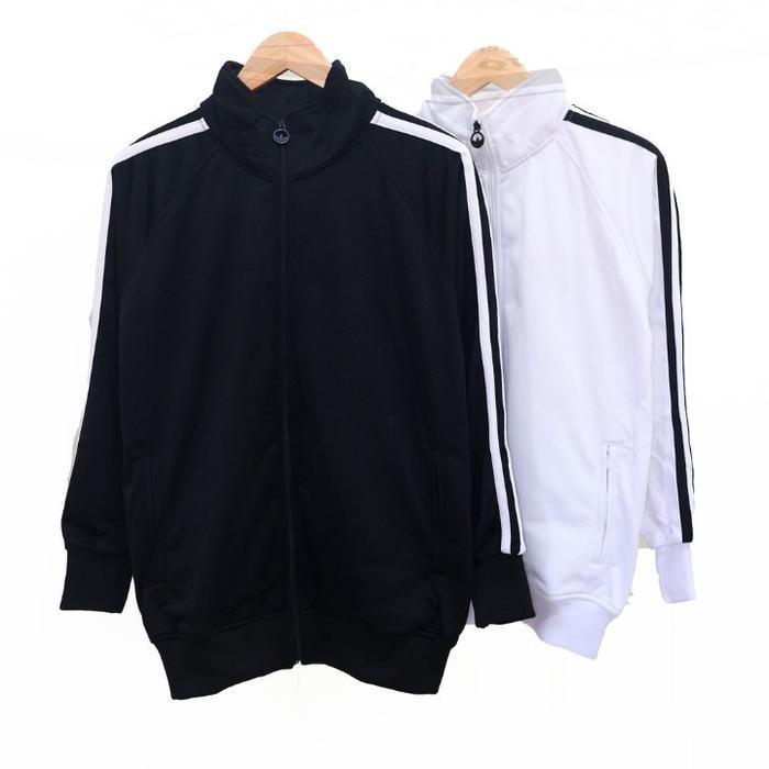 Jaket Tracktop Hitam Polos Stripe Putih Pria Wanita Sporty