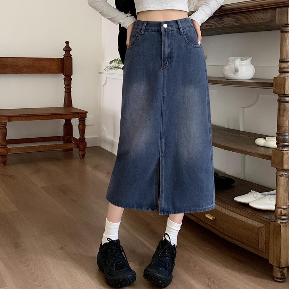 Special - Forking Denim Skirt Women Mid-Length High Waisted Hip Wrap Skirt ,,