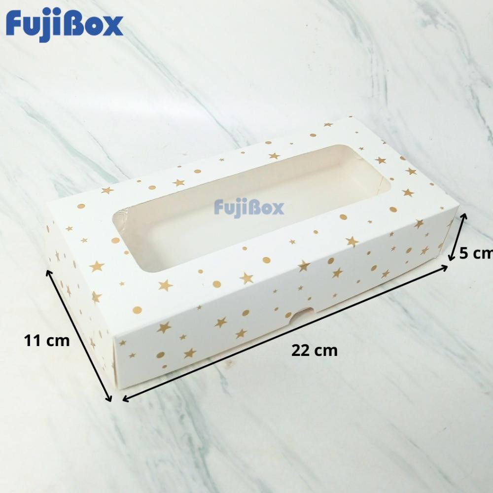 

(10 Pcs) Fuji Box Dus Kotak Kue Ivory Motif Polkadot Bintang Emas 11 cm x 22 cm x 5 cm Putih Ivory Premium Jendela aSt