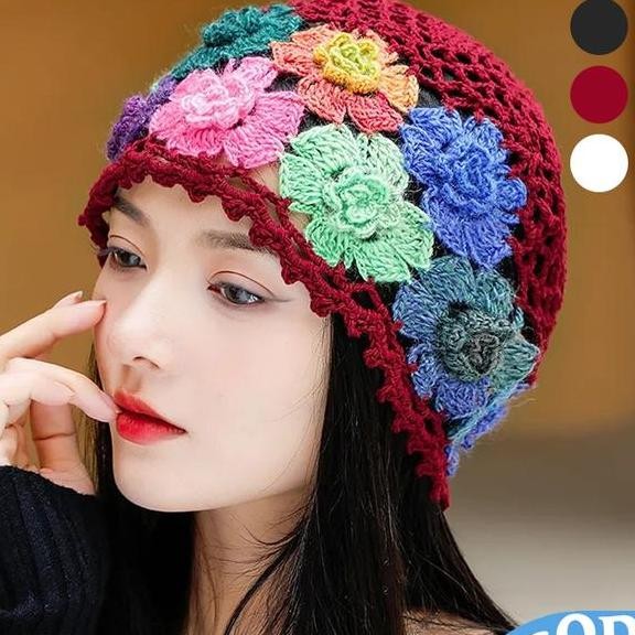 Topi Rajut Wanita Korea Kupluk Rajut Wanita Topi Rajut Handmade Topi Rajutan Flower Woolen Hat
