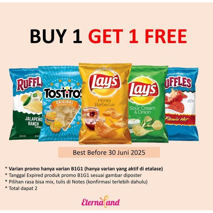 

GL (PROMO BELI 1 GRATIS 1 ) CHEETOS, CHESTER, FUNYUN, RUFFLES, LAYS IMPOR AMERIKA