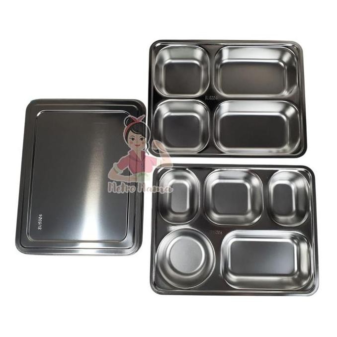 Tray Wadah Tempat Makan Stainless 4 & 5 Sekat 6Cm 304 Ompreng Tebal Tutup Plastik Stainless Catering