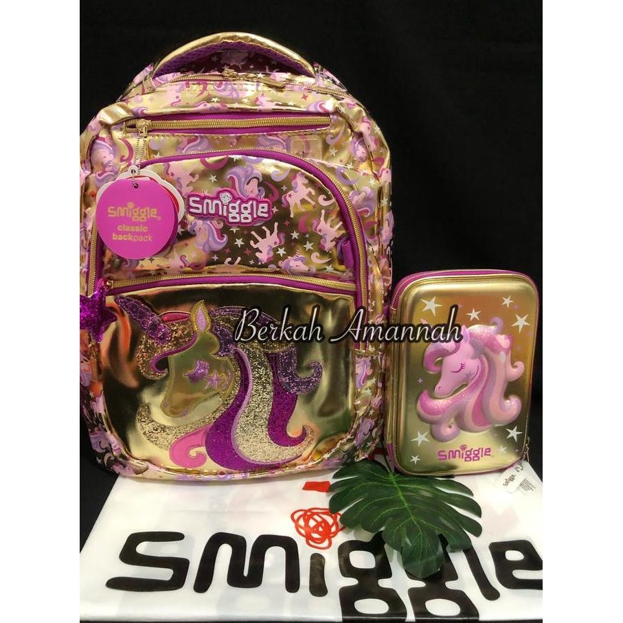 Smiggle Unicorn Gold Backpack Dan Pesnilcase Set/Ransel Anak Sekolah