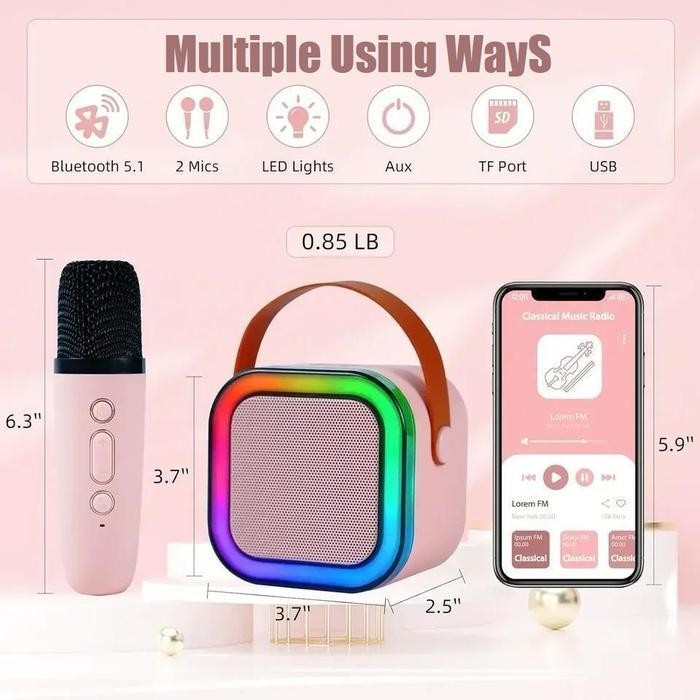 Cc Led  Mini Portabel Bluetooth Speaker Speaker Bluetooth Karaoke Wireless Microphone Set  Dapat Ter