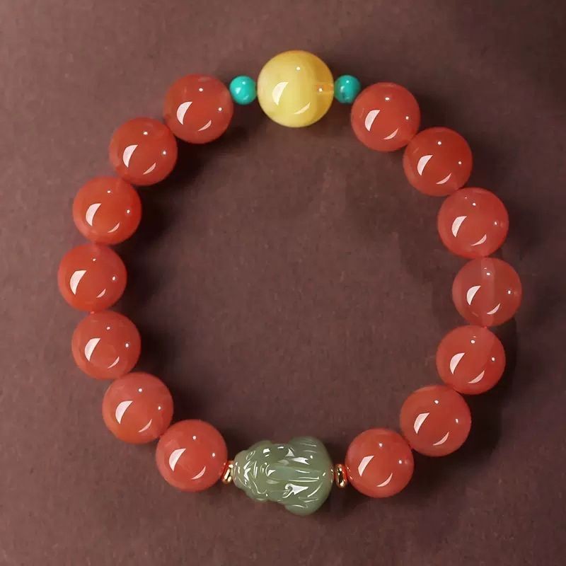 Hetian Jade Qing Shui Pixiu Red Agate Bracelet for Men and Women Couples Bracelet Pi Chu Amber Buddh