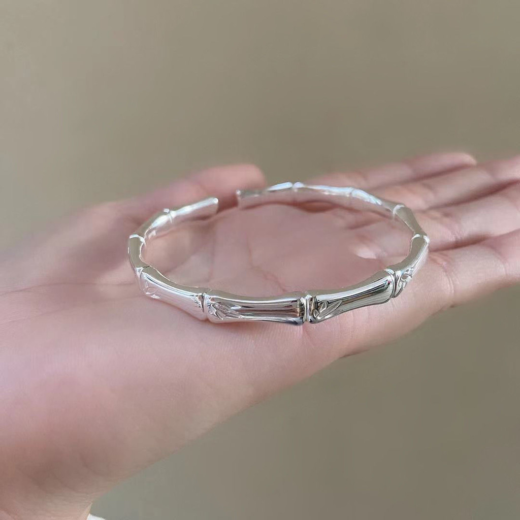 Gelang Perak Murni Sambungan Bambu Perak Padat untuk Wanita Gaya Etnik Terbuka