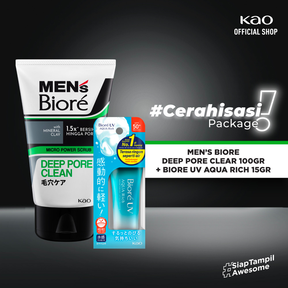[Double Protection Kit] Men's Biore Double Scrub Sabun Muka Pria Deep Fresh 100 gr + UV Aqua Rich Su