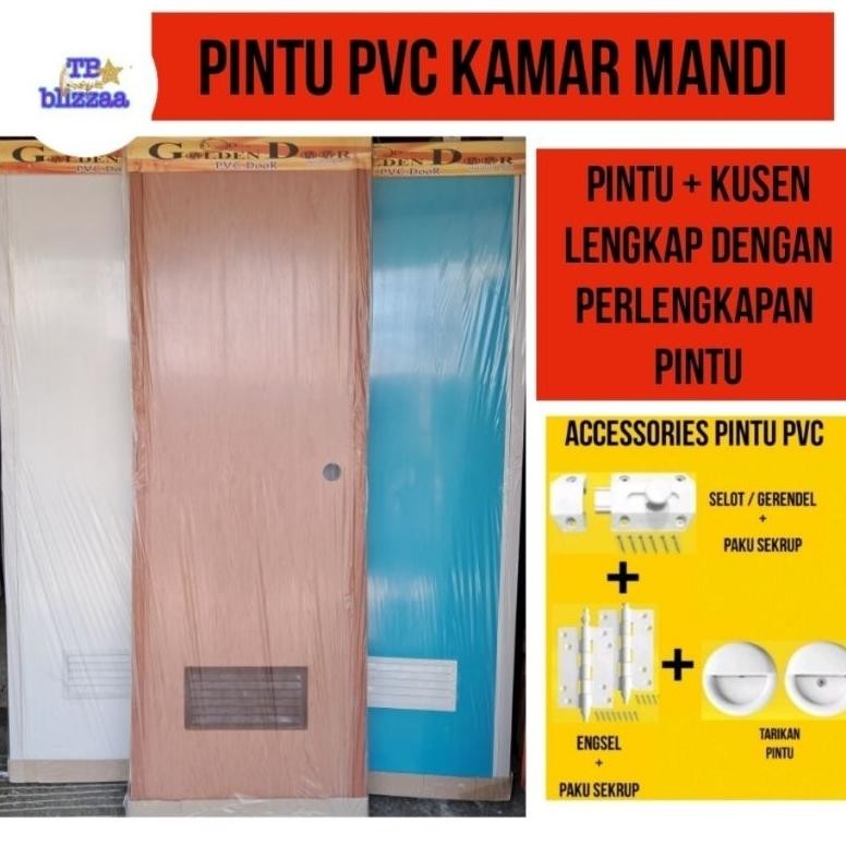 DI65 - Pintu PVC Kamar Mandi + Accessories 1 Set Lengkap Pintu Kusen PVC Pintu Coklat Biru Putih Pin