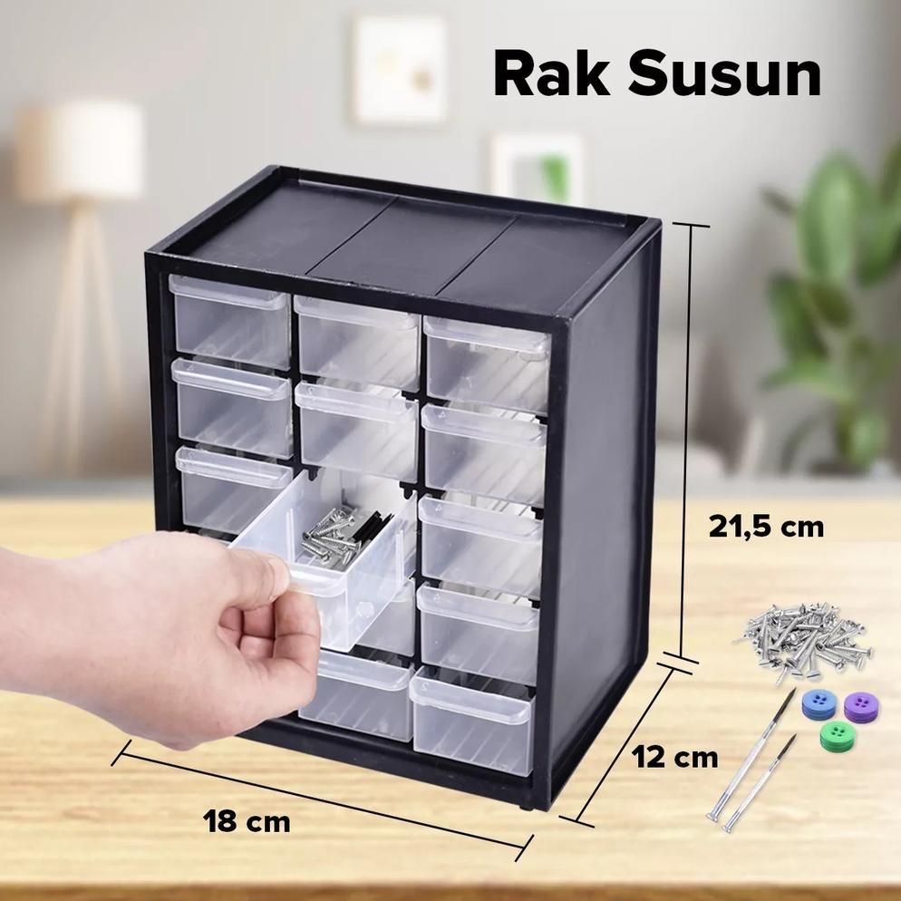 Etalase Mini Kotak Obat2an Laci Kecil Susun Rak Plastik 15 Slot Kotak Spare Part Kenmaster FREE BUBB