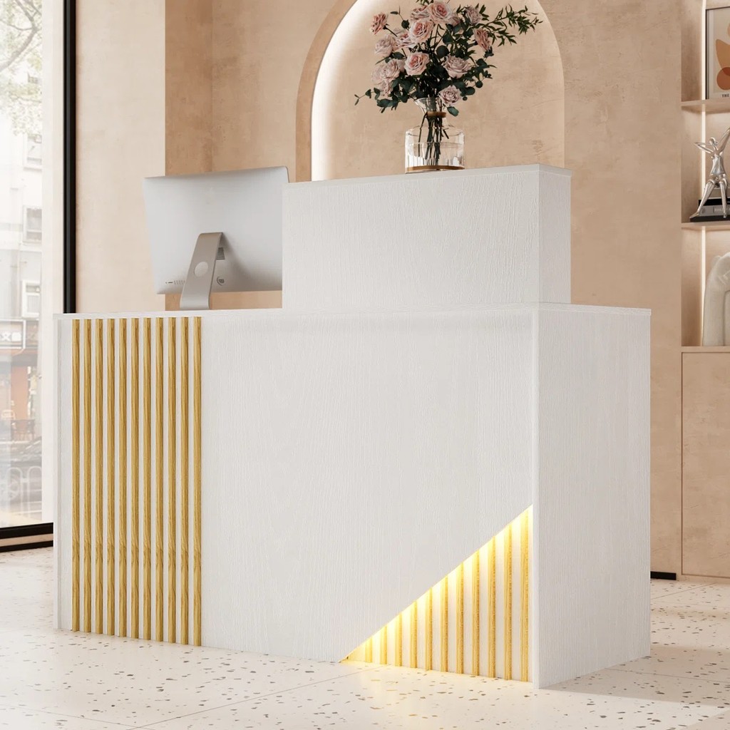 Meja Resepsionis - Meja Kantor Simpel Bahan Kayu Jati Kombinasi Kayu Jati Desain Modern