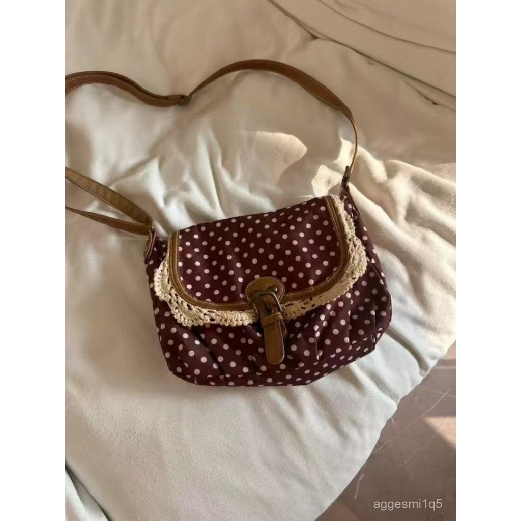 Tas Selempang Vintage Korea Motif Polkadot-Tas Kanvas Wanita Premium Shoulder Bag-Tas Bahu Cewek Sli