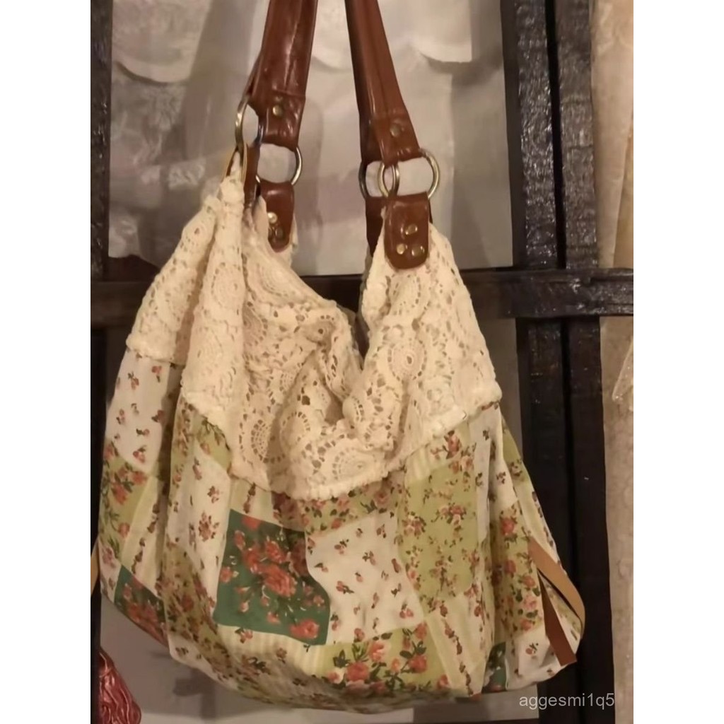 Tas Kanvas Vintage Potongan Bunga Renda Pinggiran Tas Jinjing Wanita Aesthetic/Tas Bahu Bunga Renda 