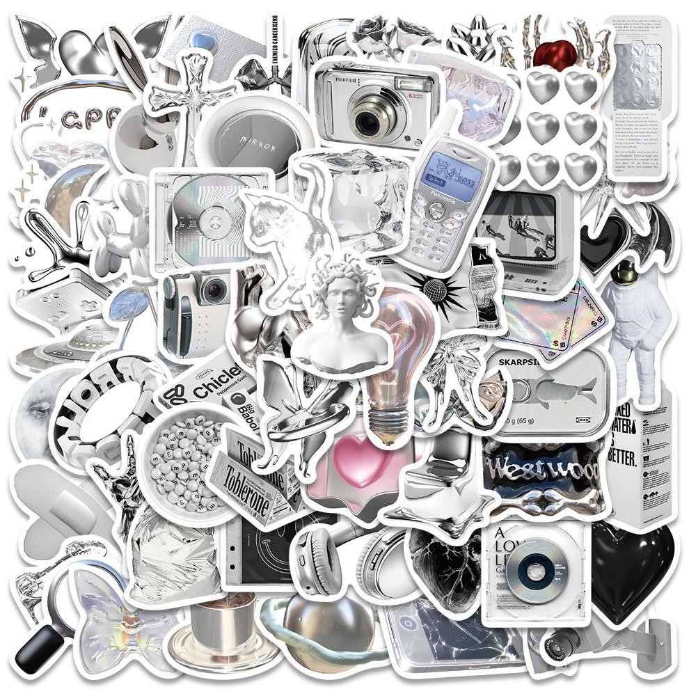 

NG [66 PCS]Stiker Aesthetic Silver Keren Stiker Ins Gaya Logam Decal Vinyl Anti Air-Sticker Buku Journal Koper Casing HP Laptop Helm Motor Viral Kekinian Terbaru 2025 CF-36