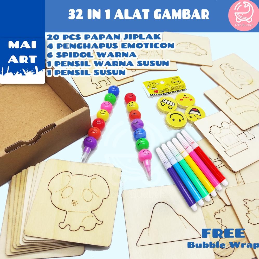 

Mai Art Box Set 32 Pcs Alat Tulis Mini Dan Alat Jiplak Kayu Tracing Gambar Pensil Penghapus Spidol