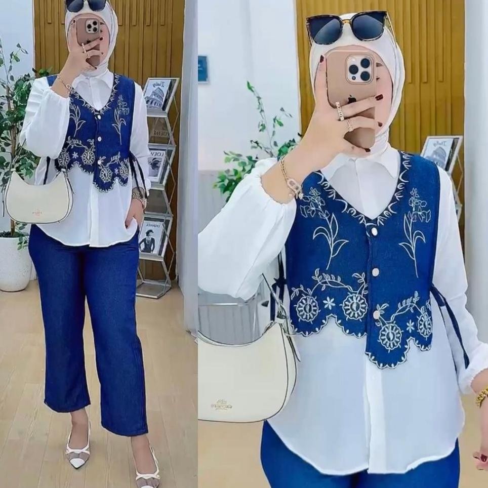 Setelan Jennie Soft Jeans Look Elegan Nyaman El Korean Style Set 2In1 Vest Nyatu Busui Friendly Hija