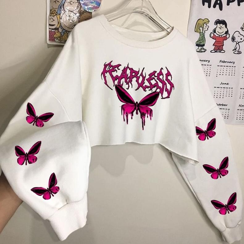 DV16 }} Sweater Crop Fearless Fleece Hitam Putih Allsize