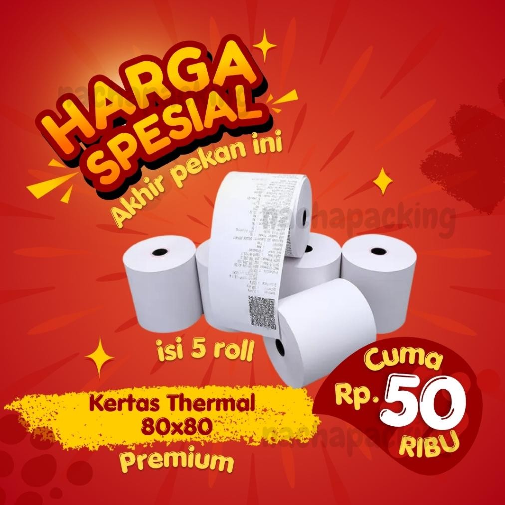

DE176 >> 5 ROLL KERTAS THERMAL STRUK KASIR PAPER ROLL PREMIUM 80X80 TERMAL POS PRINTER BLUETOOTH 80MM