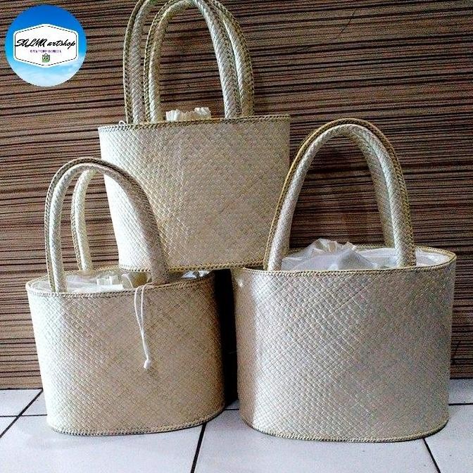 ------] totebag anyaman pandan,tas pandan set3/tas wanita anyaman pandan oval polos tali serut