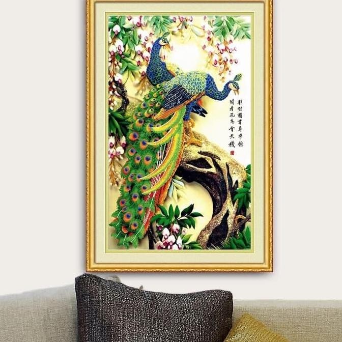 Diamond Painting Full  merak hijau sepasang  50 x 80 cm Paket DIY Kit Vertikal Lukisan Fengshui D031
