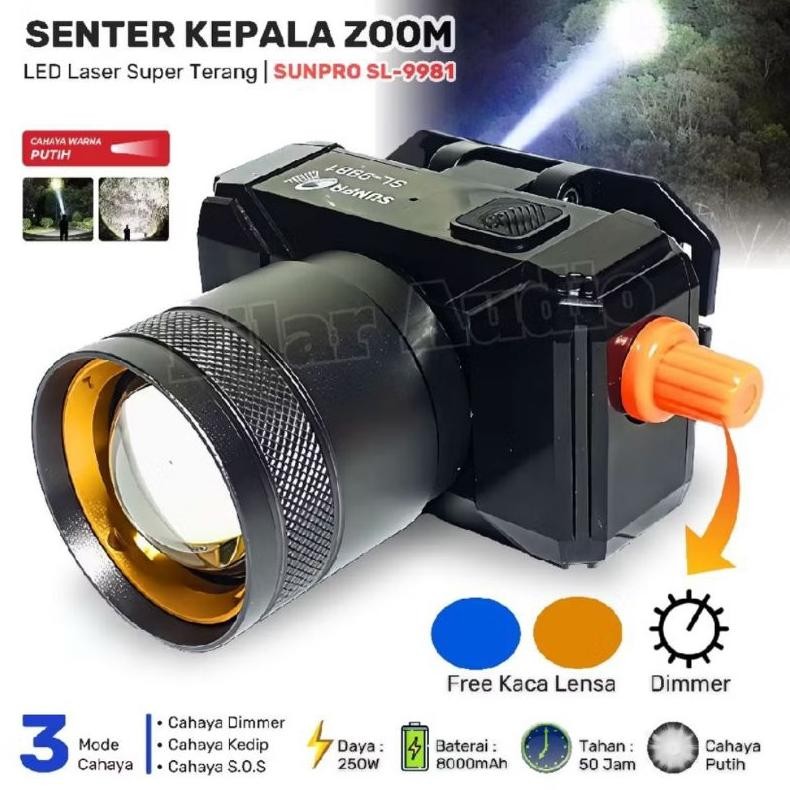 sunpro sl-9981 senter kepala zoom 250watt tahan hingga 50jam