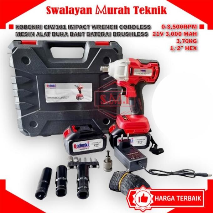 Silahkan Order] Kodenki Impact Wrench Cordless KDK-CIW101 21V - Alat Buka Baut Baterai Brushless den