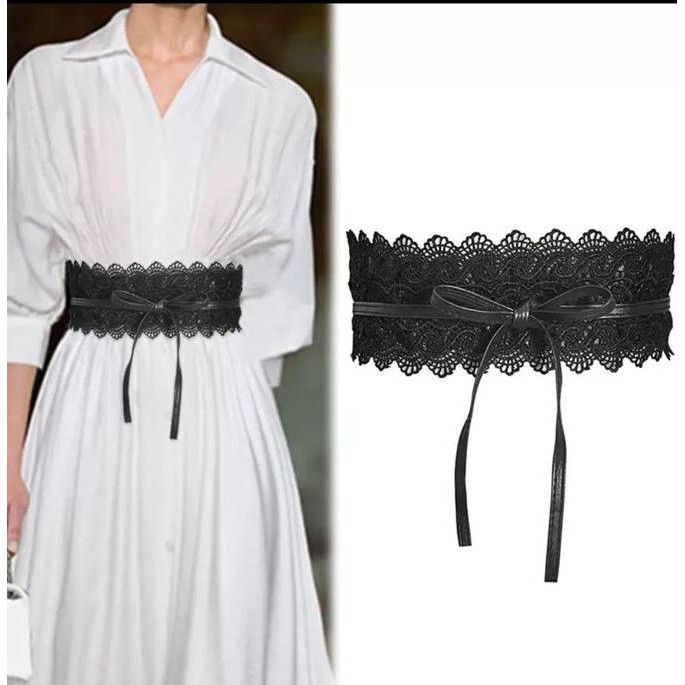 DF100 - - Ikat Pinggang Wanita Sabuk Lebar Belt Fashion Korea Obi Lebar Kulit Renda Black Pink