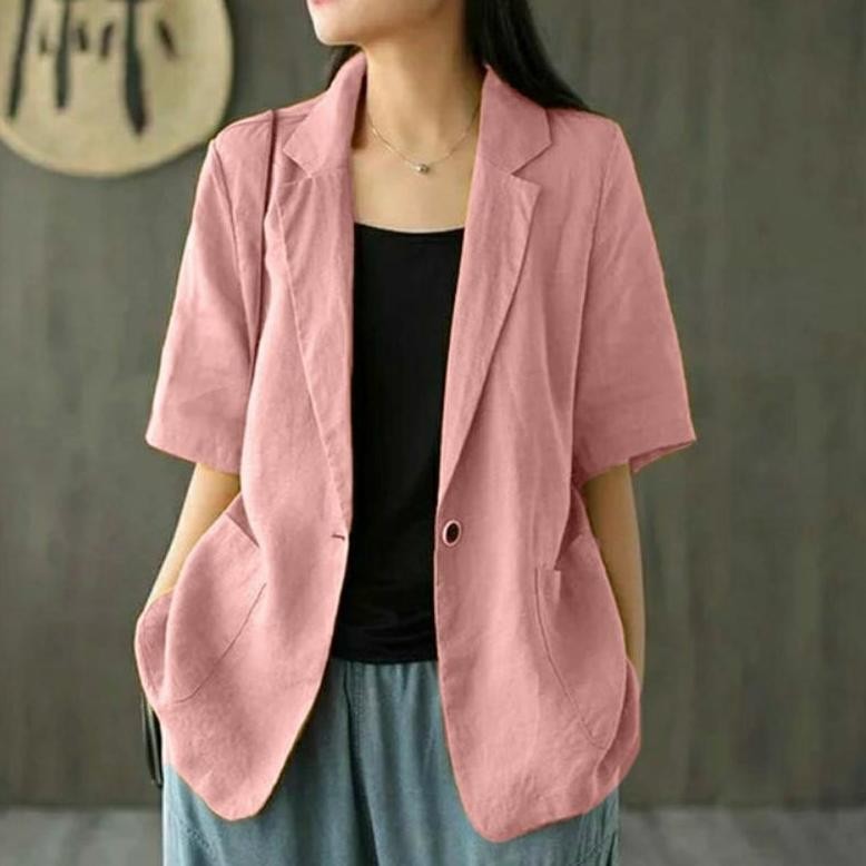 Trend - Blazer Lengan Pendek Jumbo Wanita Linen Ld 100cm sampai 140cm | Lucinta Blazer | Blazer Kore