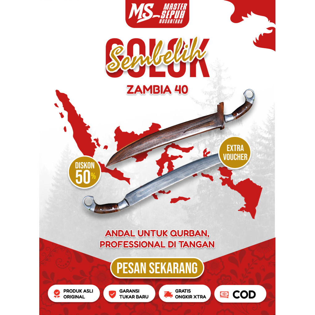 Perkakas Golok Zambia Panjang 40 cm | Golok Sembelih Baja Sup9 Multifungsi | Master Sepuh Nusantara
