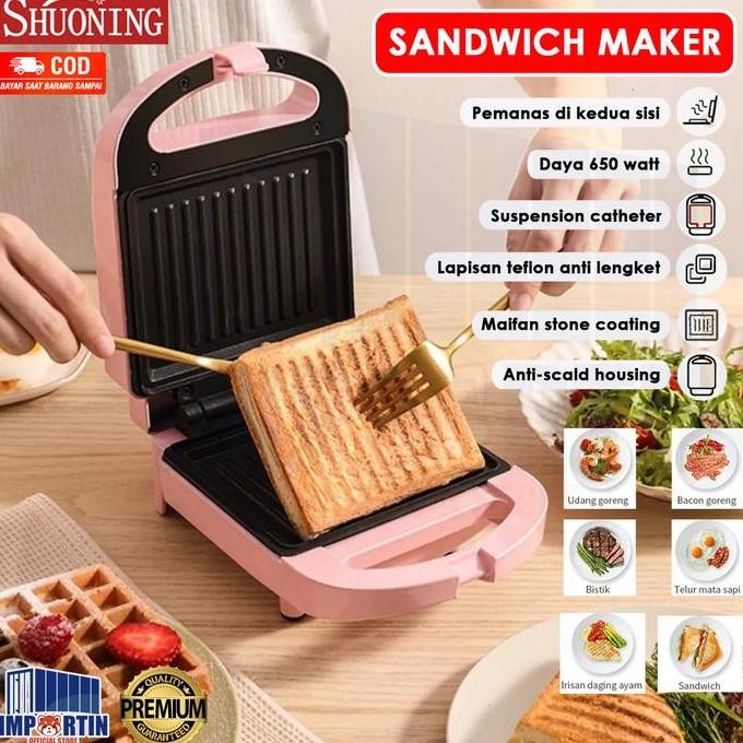 Shuoning Sandwich Maker Pemanggang Roti Toaster Anti Lengket Low Watt 1 Tahun/ Shuoning Pemanggang R
