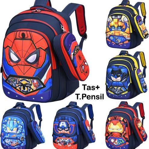 

BEBAS ONGKIR - Tas + Tempat Pensil SD SuperHero Spidermen Kapten Batmen Ultramen Ironmen Anak Perempuan