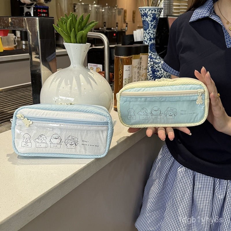 

Simple Zipper Storage Stationery ins Color-Block Transparent Compartment Four Puppies Pencil Case Student Pencil Case Stationery Bag BUBC