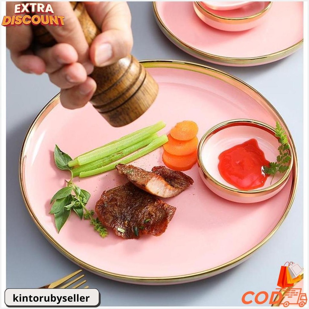 Ashome Piring Makan Keramik Pink Gold / Piring Pink Keramik List Gold / Mangkuk Keramik Pink Gold El