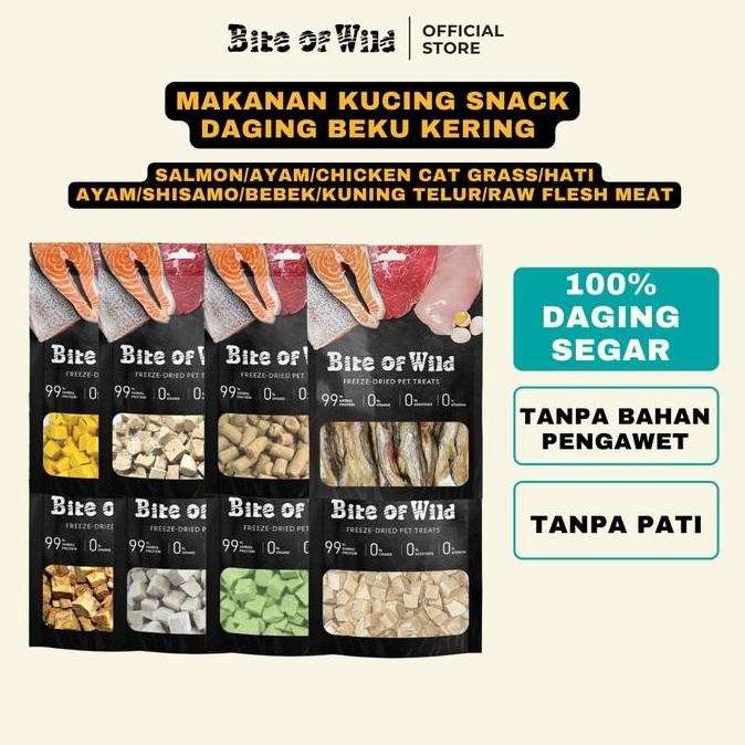 

TERLARIS - Bite Of Wild Daging Beku-Kering 40g - Rasa Ayam/Salmon/Bebek/nip/Hati Ayam/Kuning Telur/Daging Segar/mo, Tanpa pengawet dan cocok untuk segala usiaGM