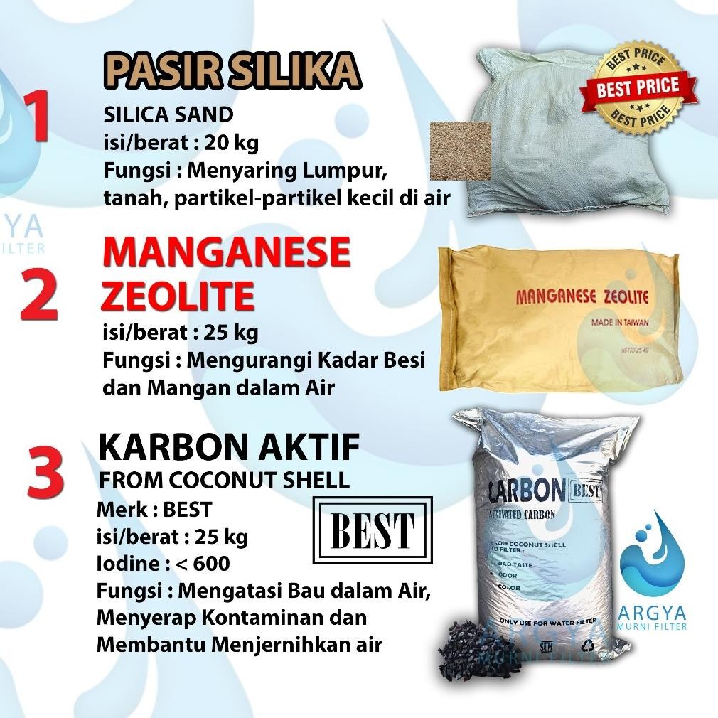 Paket Filter 3 Media Filter Air untuk Tabung FRP : Pasir Silika 20 Kg + Manganese Zeolite 25 Kg + Ka