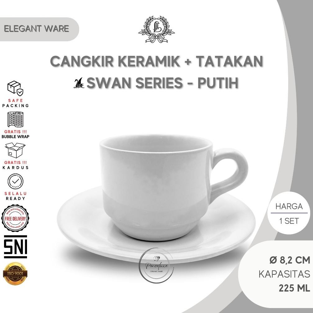 Cangkir Set Tatakan Keramik Lucky Elegant Ware Swan Series Putih Glossy 225 ml Gelas Lepek Mug Teh T