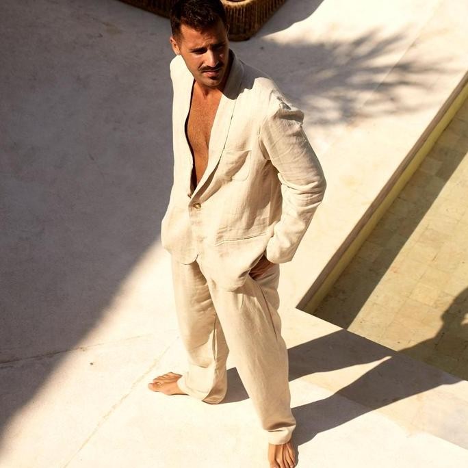 Remedy Outer Linen Set Pria Panjang Warna Krem - Sand Linen Blazer