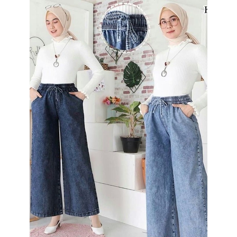 Kulot Jeans Jumbo Snow Tali Serut | Kulot Jeans Lipat Pinggang Full Karet Premium