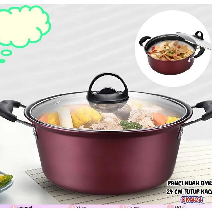 PANCI SUP ENAMEL ANTI LENGKET 24 CM QME PANCI KUAH ENAMEL ANTI LENGKET WARNA + TUTUP KACA QM424