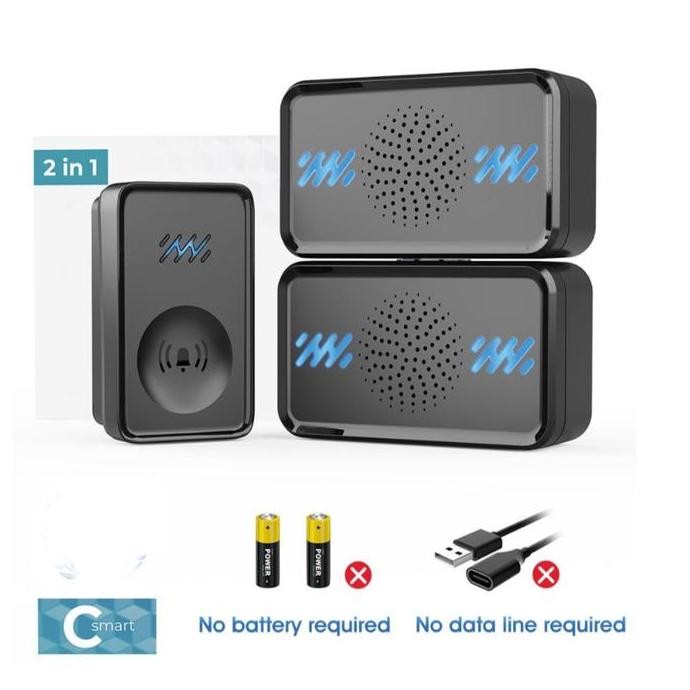 Bst Ready Bel Pintu Rumah Remote C Smart Black Wireless Waterproof Doorbell 1X Remote 2X Receiver Wi