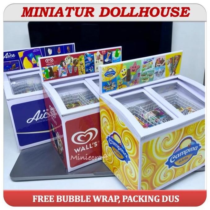 Promo PAKET HEMAT MINIATUR FREEZER ICE CREAM & 12 PCS DOLLHOUSE ICE CREAM WALLS , AICE, CAMPINA COD