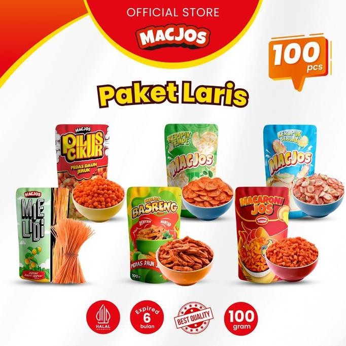 

MACARONI JOS Cemilan Paket Laris 100pcs - Makaroni Mie Lidi Pilus Cikur Basreng Kerupuk Seblak Keripik Tempe - Isi 6 Varian Produk Food Snack
