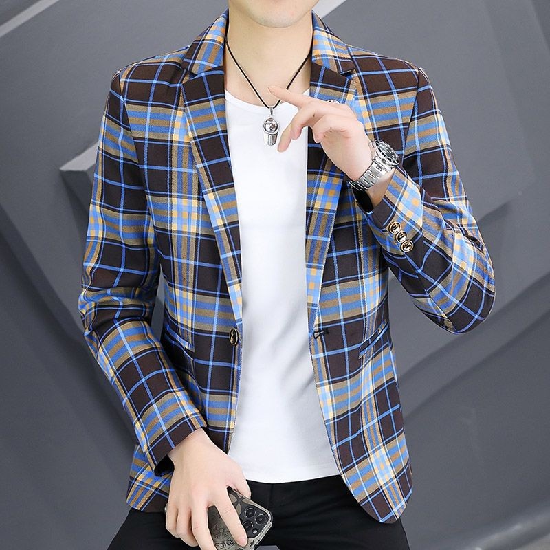 Jaket Blazer Slim Fit Cetak Kotak-kotak Baru untuk Pria