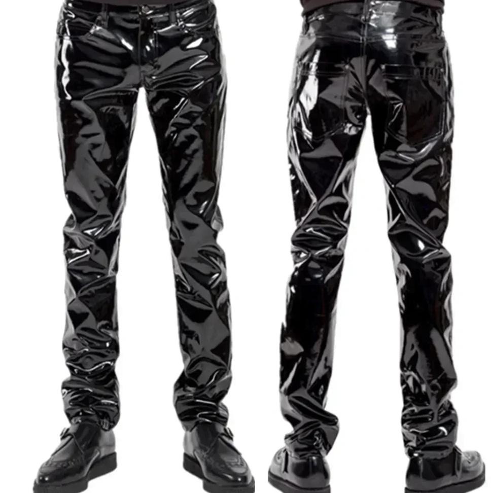 Plus Size Mens Shiny Leather Straight Pants Sexy Zipper Glossy PVC Latex Casual Trousers Male Shapin