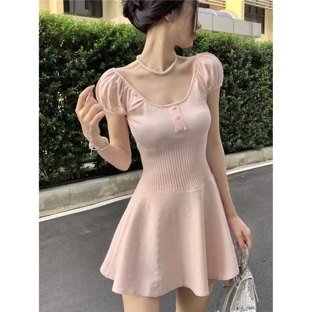 Verve WardrobeRok Pendek Rajutan Merah Muda Gaya Prancis Leher Persegi, Gaun Lengan Pendek Rok Rampi